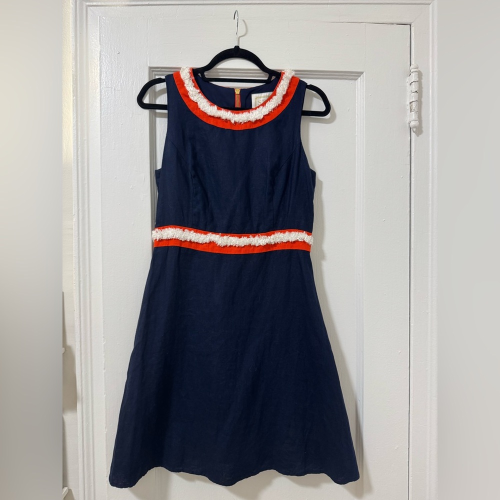 Sail to Sable Fringe Trim Linen A-Line Mini Dress Navy Red White Size 4